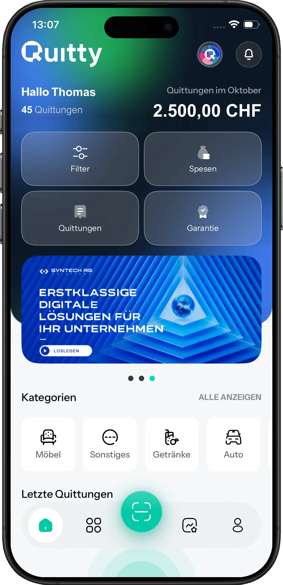 Quitty-App: aktuelle Startseite mit Beispielbetrag