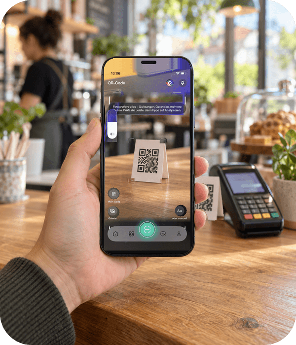 Smartphone showing the original Quitty scan interface beside a POS terminal