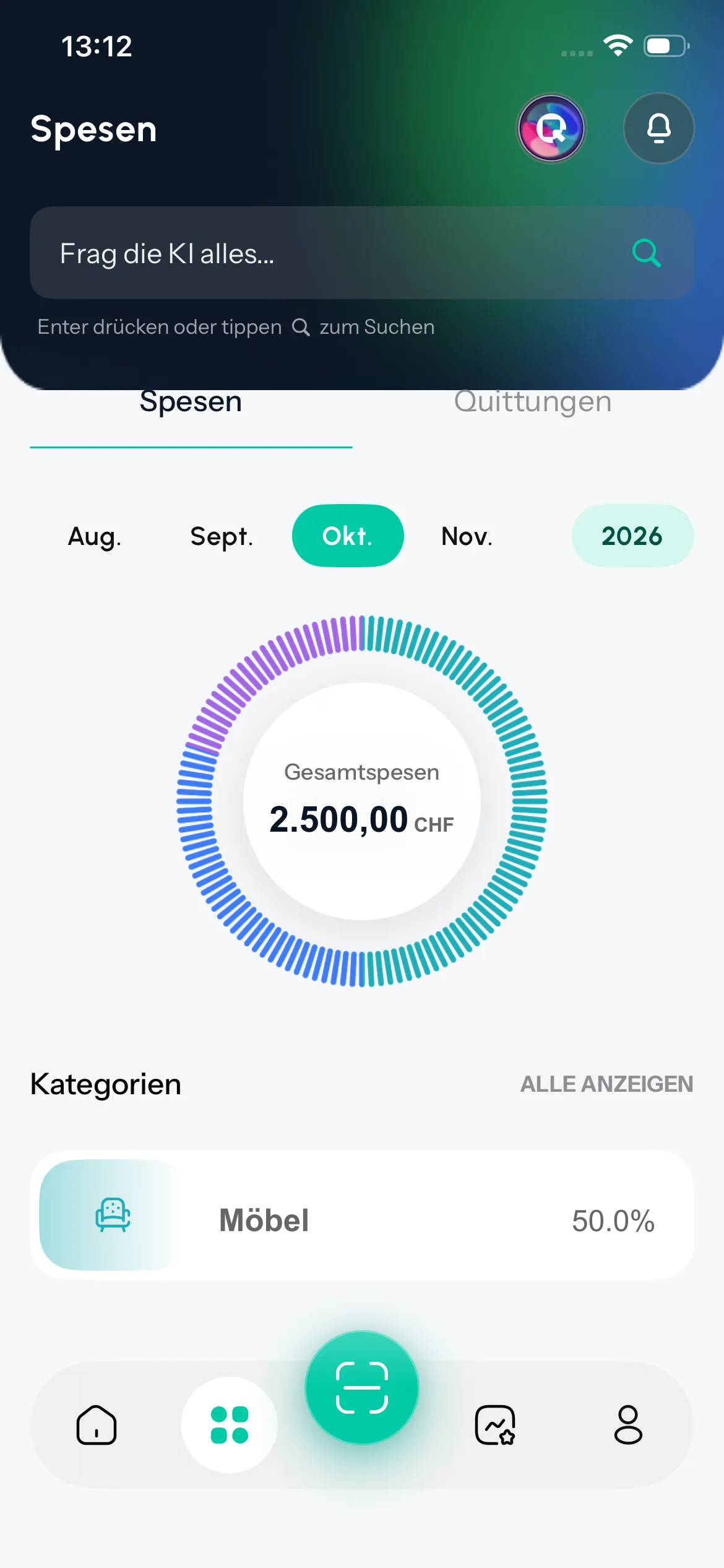 Quitty-Ausgabenanalyse mit Gesamtsumme und Kategorien anhand von Demodaten