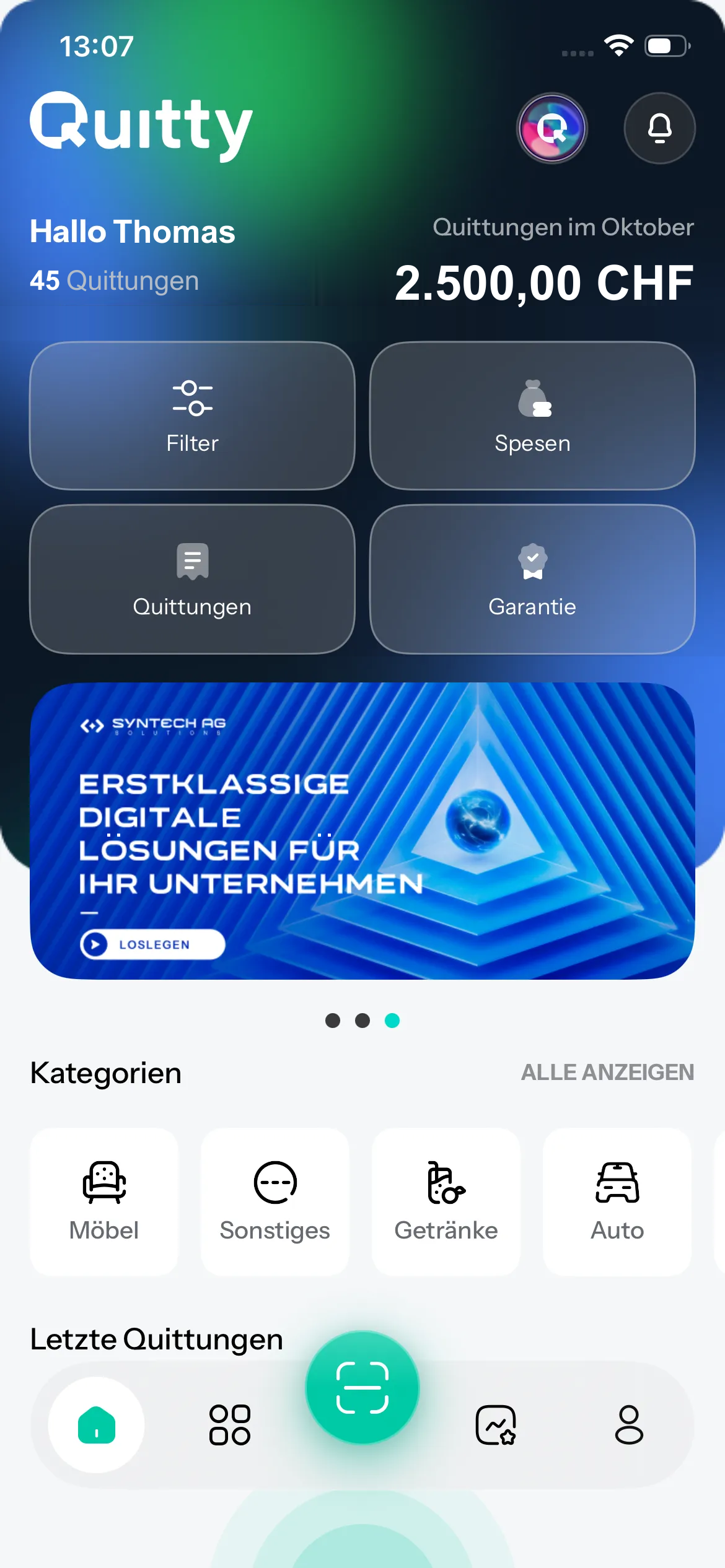 Quitty-Startansicht mit Thomas-Demodaten